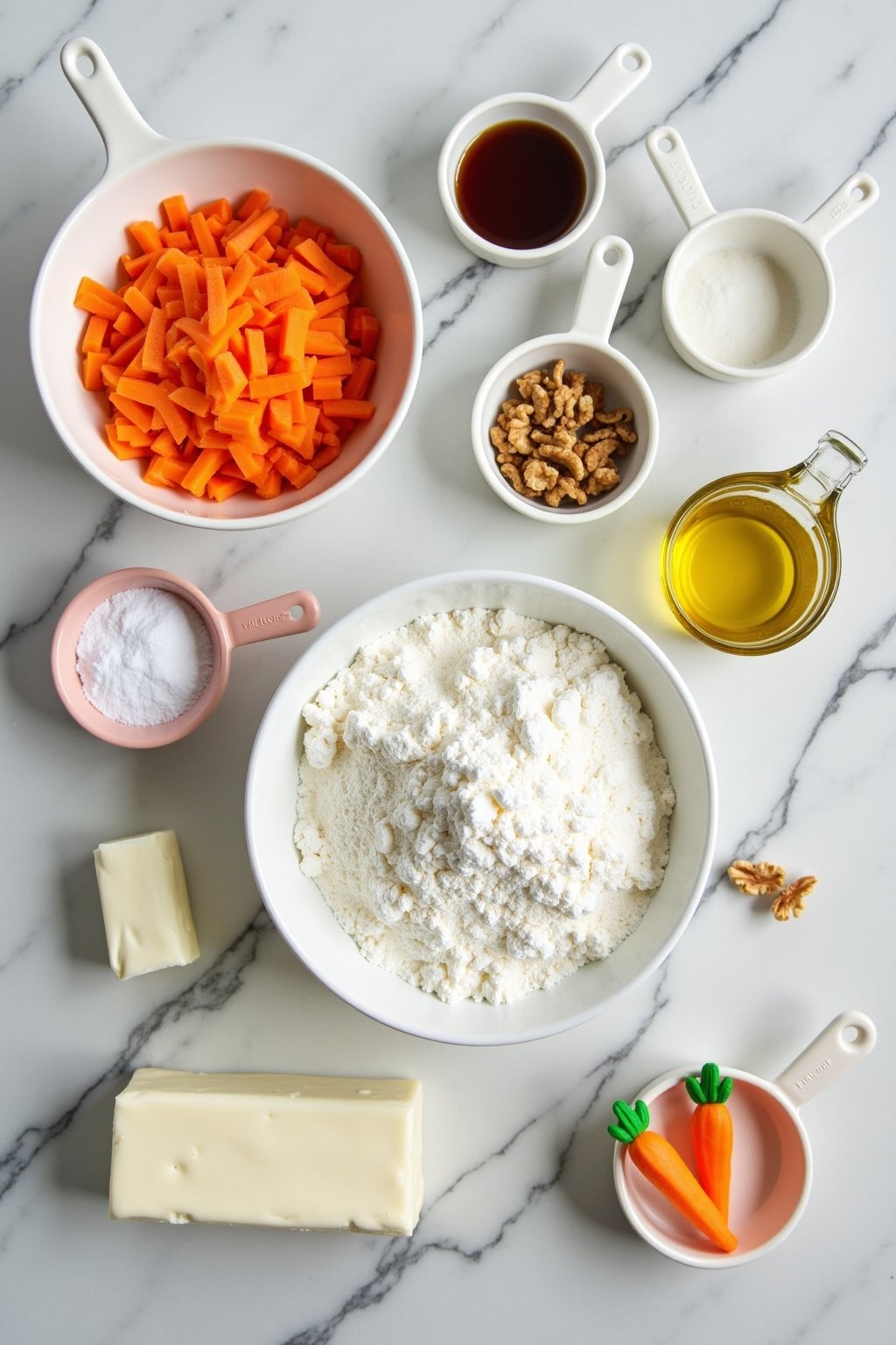 Flat lay mise en place of carrot cake ingredients on a marble countertop, freshly grated orange carrots in a bowl, bowl of flour, measuring cups with sugar and spices, bottle of vegetable oil, waln...