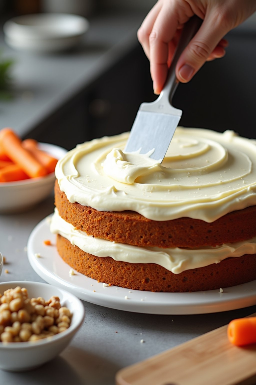 Action shot of cream cheese frosting being spread with an offset spatula onto a two-layer carrot cake, thick white frosting swirling beautifully, orange carrot cake layers visible, cake on a turnta...