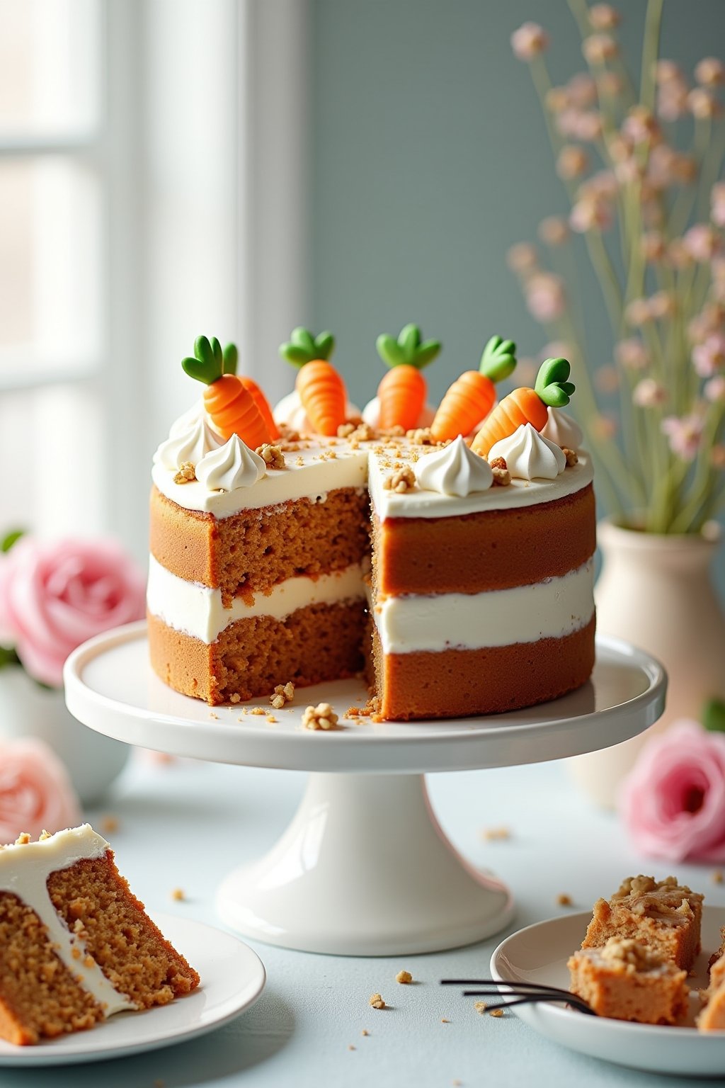 Beautiful two-layer Easter carrot cake on a white cake stand, thick swirls of white cream cheese frosting on top and sides, decorated with small marzipan carrots and crushed walnuts on top, slice c...