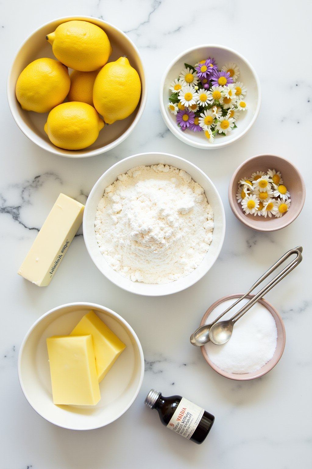 Flat lay mise en place of lemon cake ingredients on a marble countertop, fresh whole lemons, bowl of flour, stick of butter, measuring cups with sugar, bottle of vanilla extract, small bowl of powd...