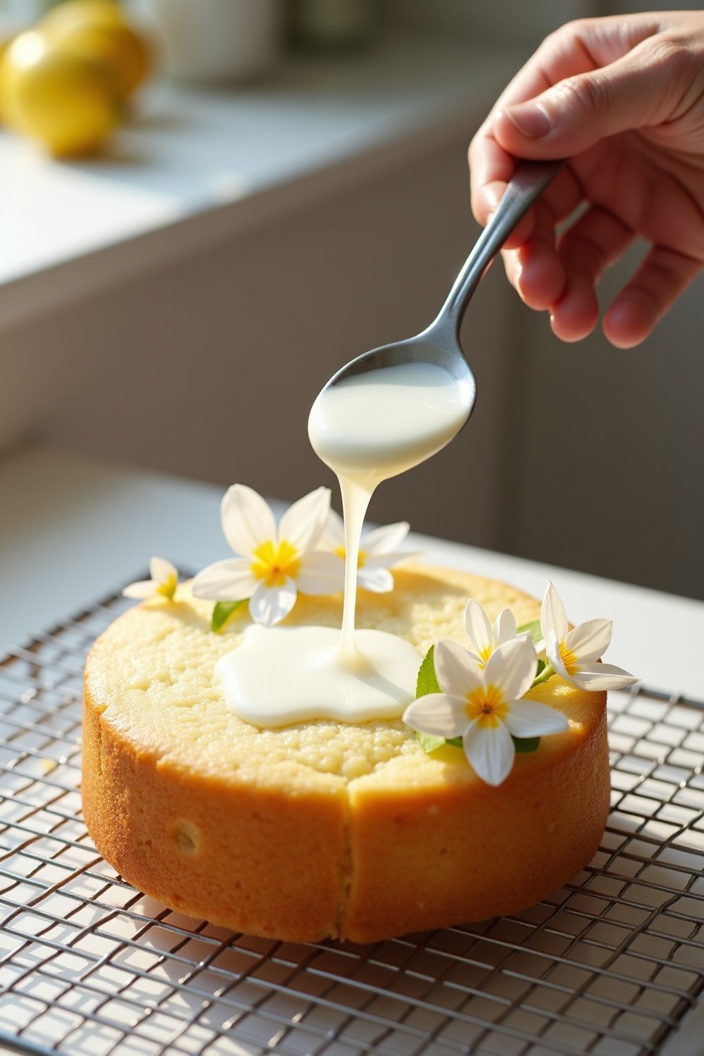 Action shot of white lemon icing being drizzled from a spoon over a golden lemon cake with delicate edible spring flowers being placed on top by hand, cake on a wire rack, bright kitchen counter, E...
