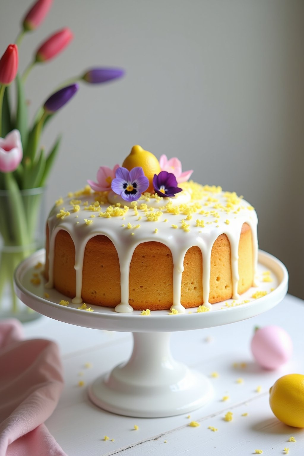 Beautiful Easter lemon drizzle cake on a white cake stand, golden sponge with white lemon icing dripping down sides, decorated with delicate edible spring flowers in purple and pink, lemon zest sca...