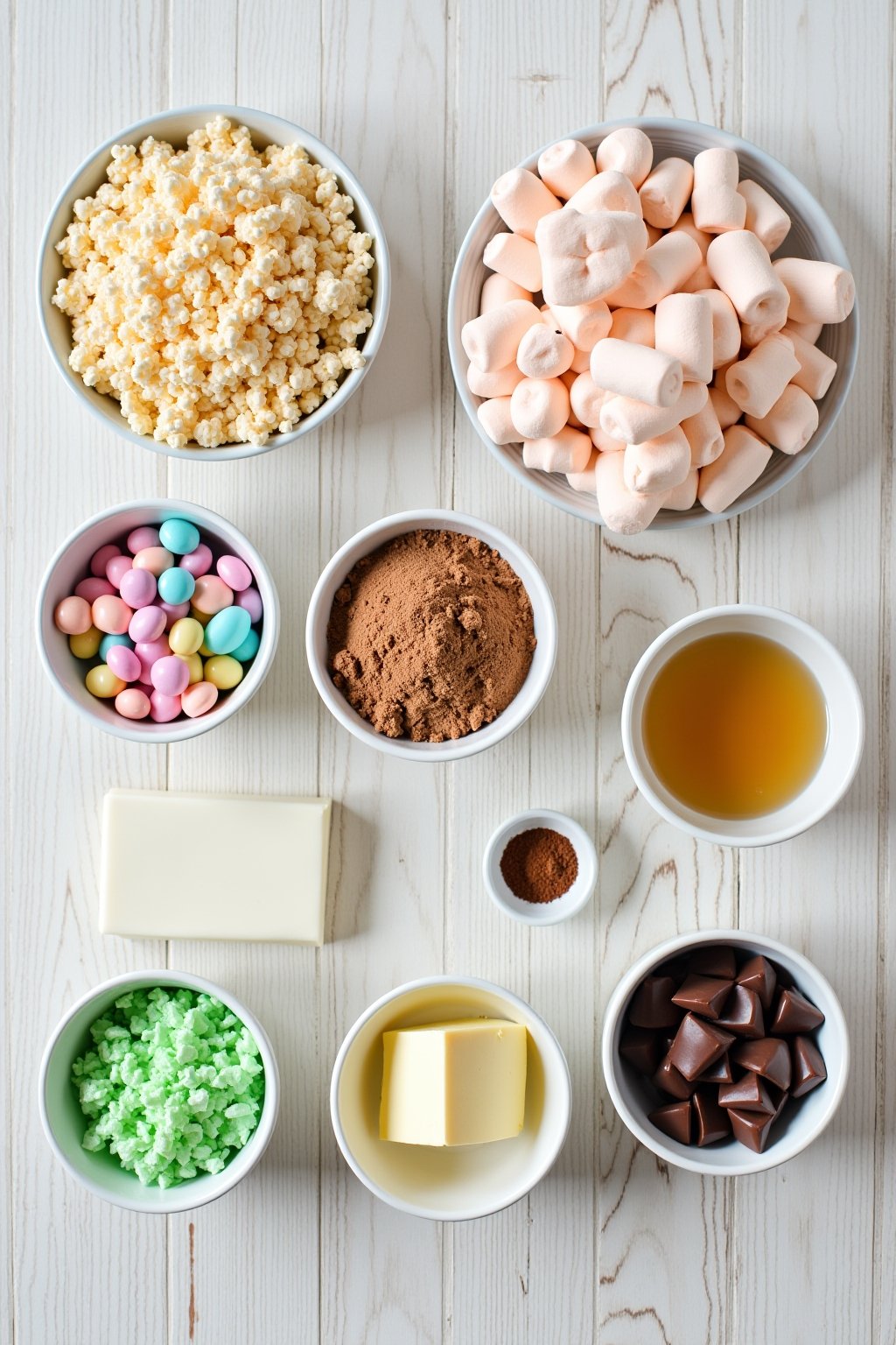 Flat lay mise en place of rice krispie nest ingredients on a light wooden countertop, box of Rice Krispies cereal, bag of marshmallows, bowl of cocoa powder, stick of butter, small bowls of pastel ...