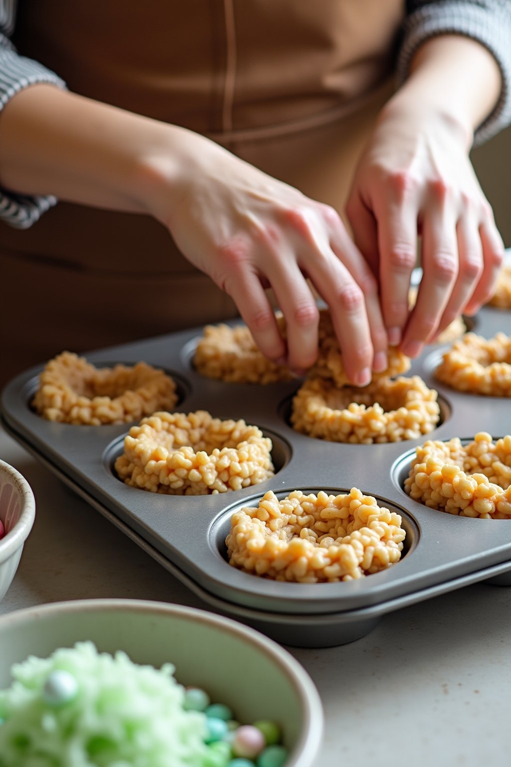 Action shot of hands shaping warm brown rice krispie mixture into nest shapes in a greased muffin tin, mixture glistening and pliable, bowl of green-tinted coconut flakes and pastel candy nearby re...