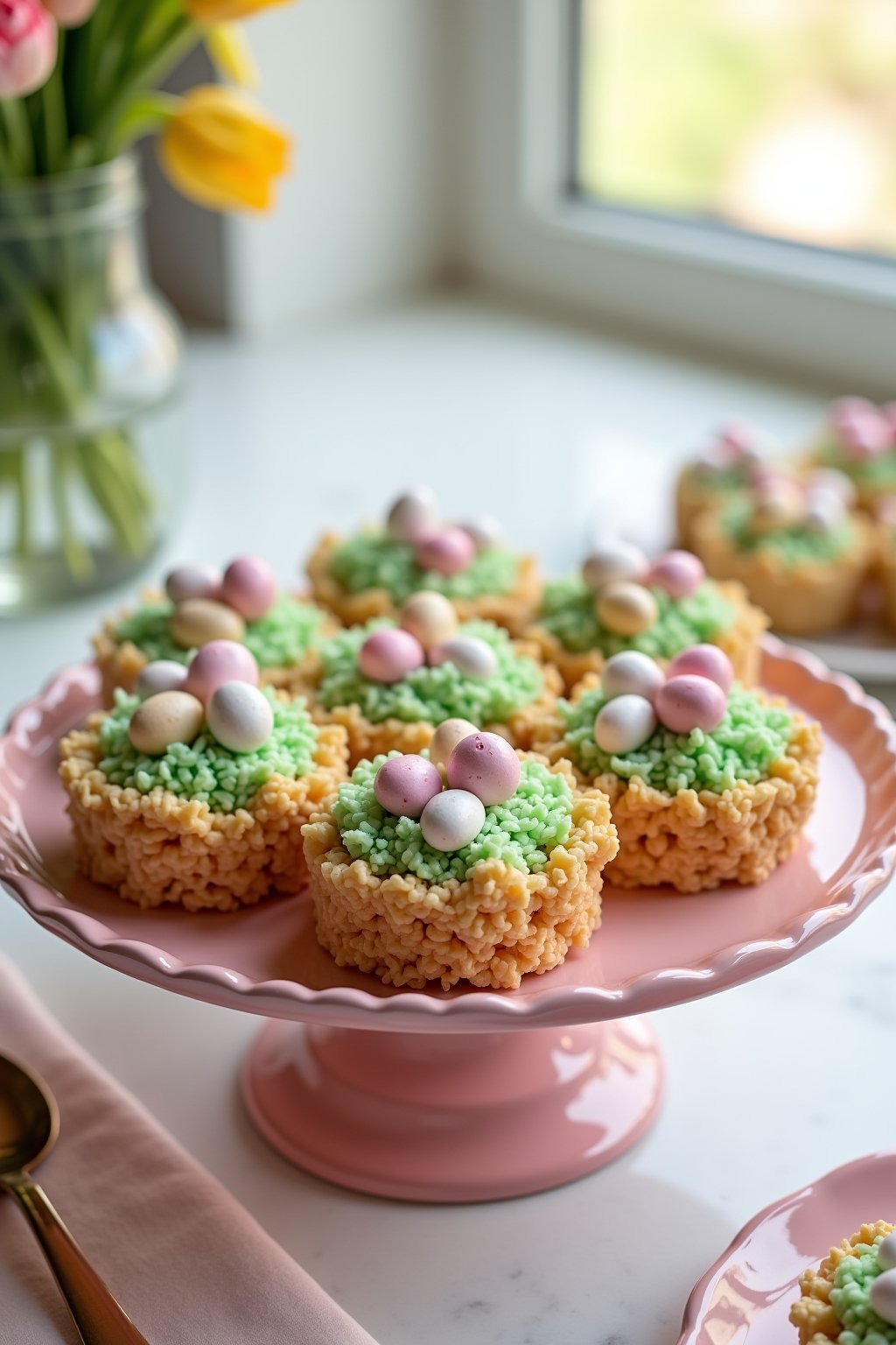 Adorable Easter rice krispie nests arranged on a pastel pink serving plate, brown crispy textured nests filled with green coconut flakes and pastel-colored candy including jelly beans and candy-coa...