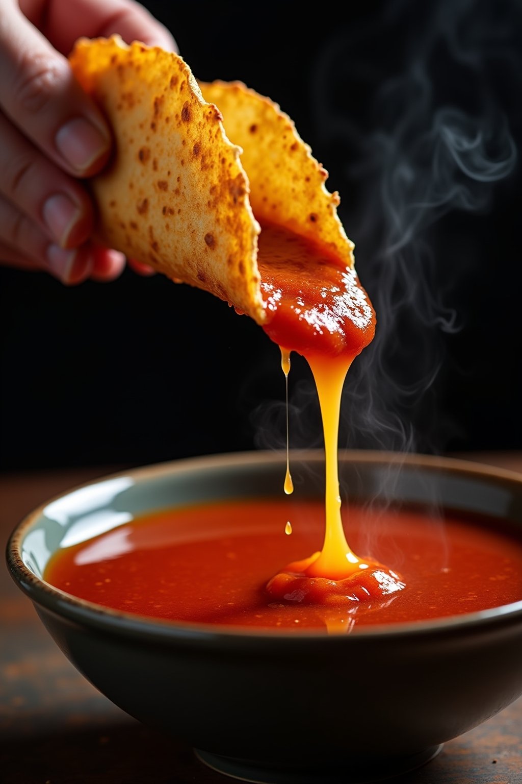 Action shot of a crispy birria taco being dipped into a bowl of rich red consommé broth, the golden-red tortilla breaking the surface of the deep reddish broth, visible melted cheese stretching fro...