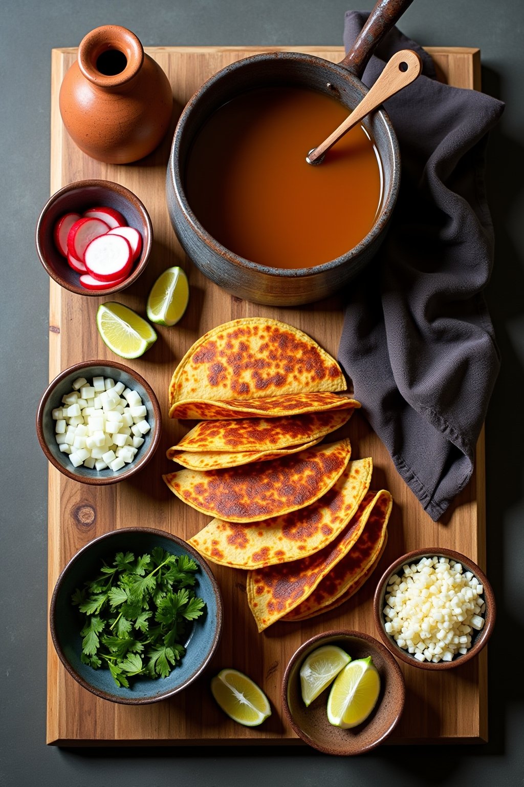 Overhead view of a birria taco spread on a large wooden board featuring a pile of crispy red-stained tacos, a large bowl of consommé with a ladle, small bowls of diced white onion and chopped fresh...