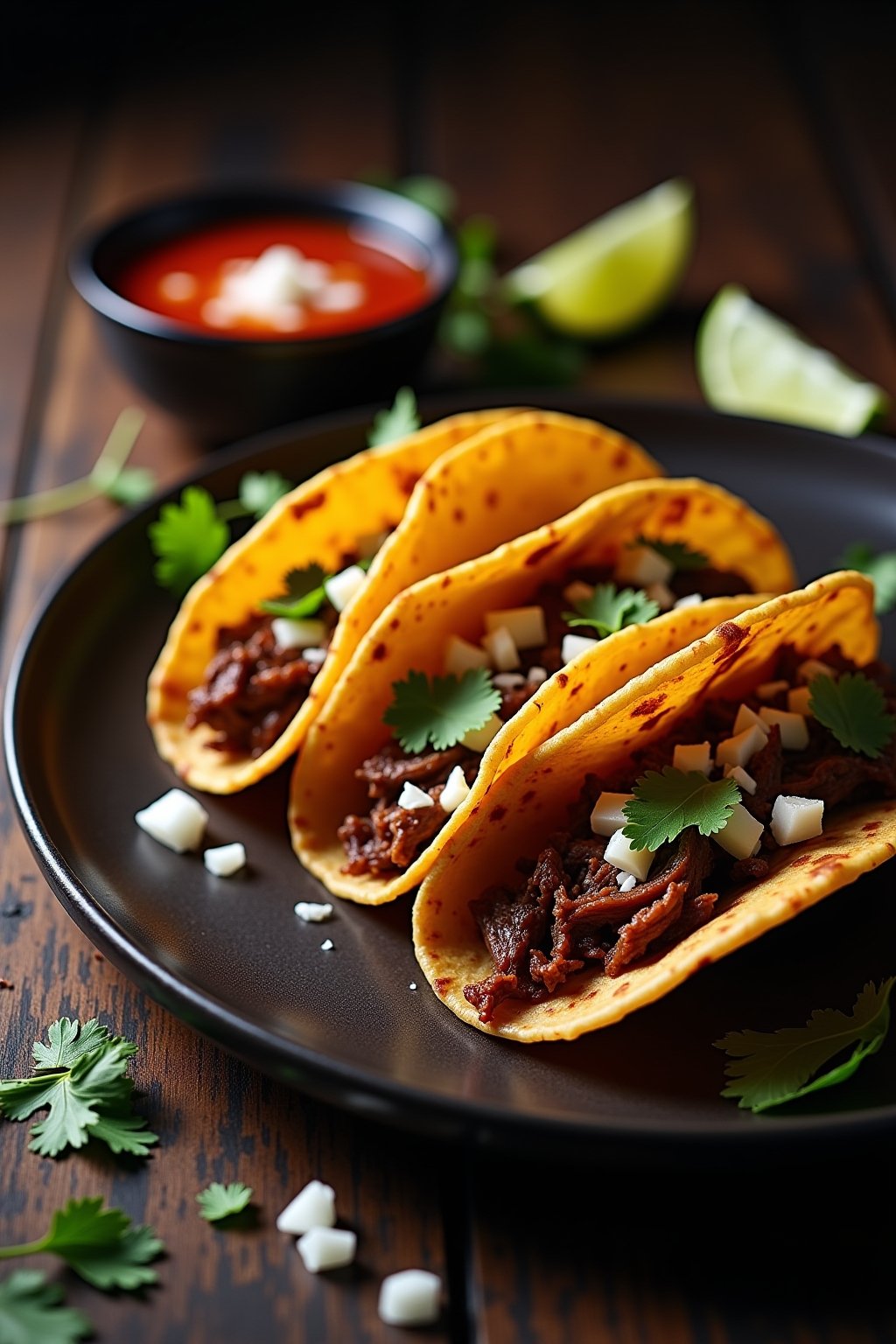 Three crispy birria tacos on a dark plate with rich red-stained corn tortillas folded and filled with shredded beef and melted stretchy white cheese, small bowl of deep red consommé broth beside th...