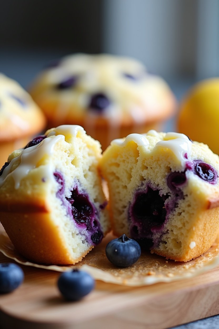 Close-up of a blueberry lemon muffin broken in half, moist crumb with whole blueberries visible inside, lemon glaze on top