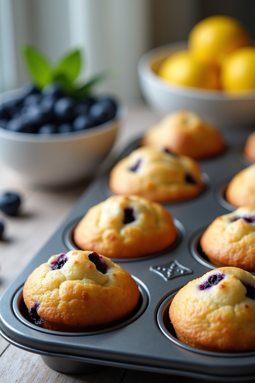 Muffin tin with freshly baked blueberry muffins, golden domed tops, bowl of blueberries and lemons in background, baking scene
