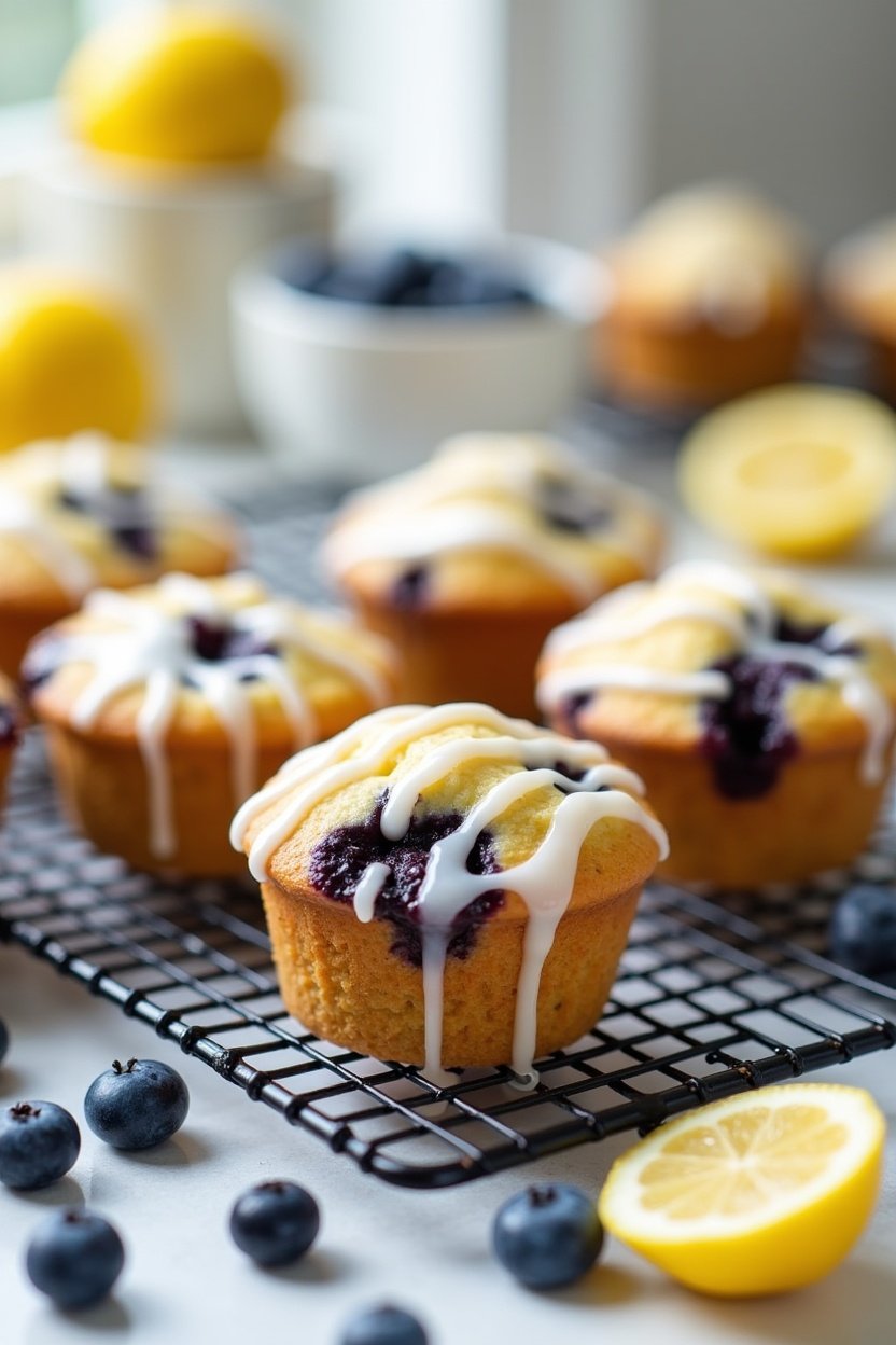 Blueberry lemon muffins on a cooling rack with lemon glaze drizzled on top, fresh blueberries scattered around, lemon halves nearby, bright morning kitchen light, bakery-style food photography