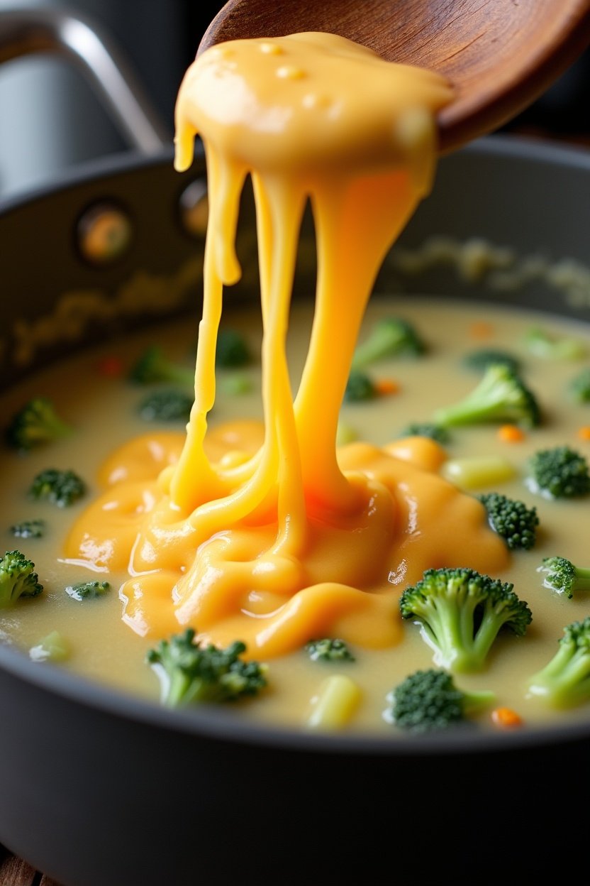 Cheese being stirred into broccoli soup in a large pot, melting cheddar creating creamy texture, wooden spoon, cooking process
