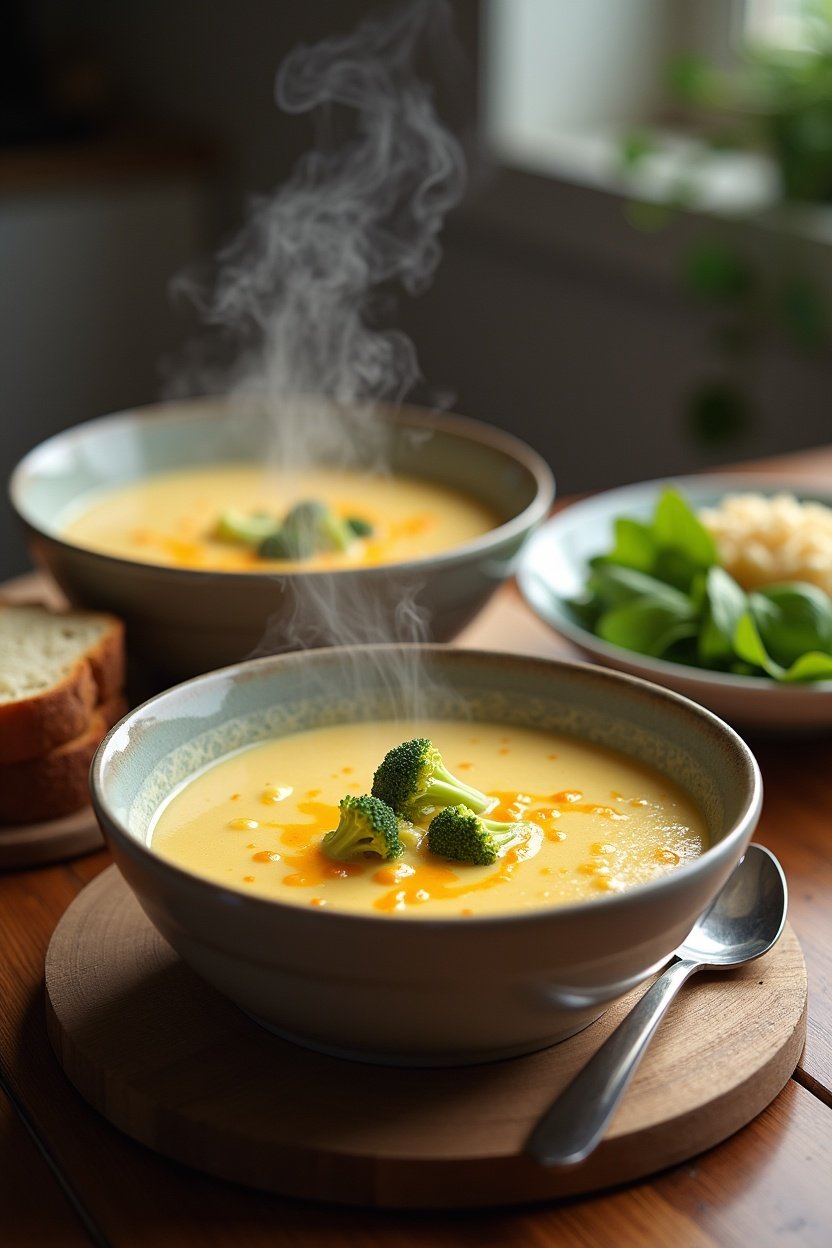 Two bowls of broccoli cheddar soup served with crusty bread and side salad, kitchen table setting, steam rising, comfort food photography