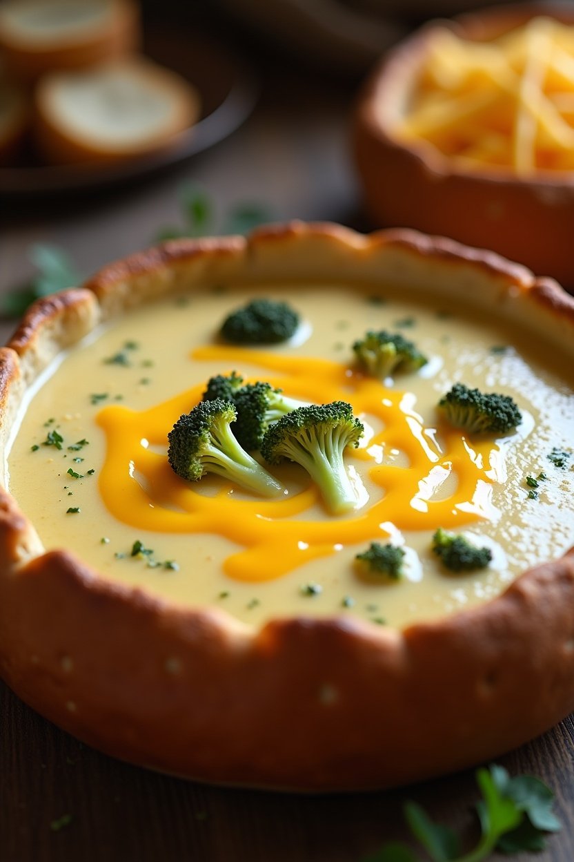 Bowl of creamy broccoli cheddar soup, thick and velvety with melted cheese swirled on top, broccoli florets visible, served in a bread bowl, warm comfort food setting