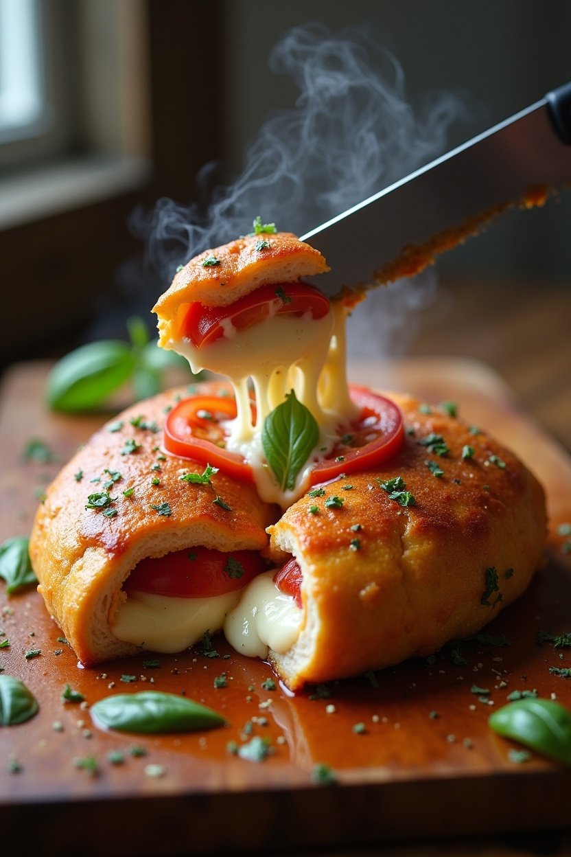 Caprese stuffed chicken being sliced open with a knife, melted mozzarella stretching out, tomato and basil visible, steam rising, appetizing food photography