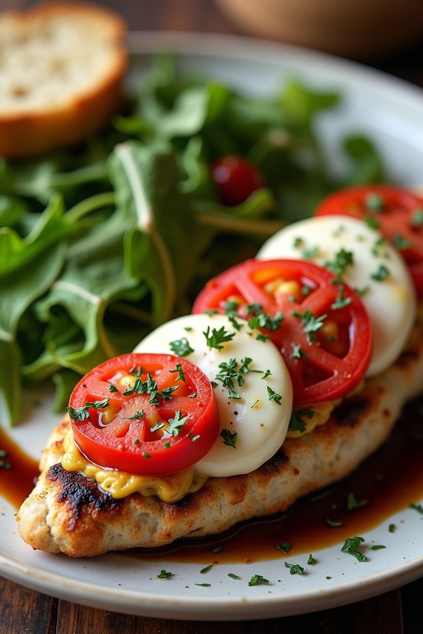 Caprese stuffed chicken served with arugula salad and crusty bread, balsamic glaze on the plate, Italian-inspired dinner setting