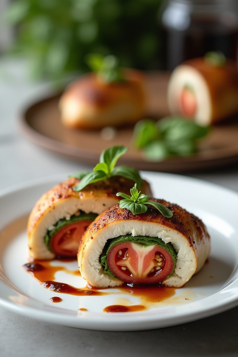 Sliced caprese stuffed chicken breast on a white plate showing melted mozzarella, tomato, and basil inside, balsamic glaze drizzled on top, fresh basil garnish, elegant dinner setting
