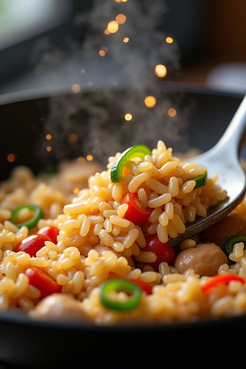 Close-up of fried rice being tossed in a hot wok with a spatula, rice grains slightly crispy, vegetables and chicken visible, action cooking shot