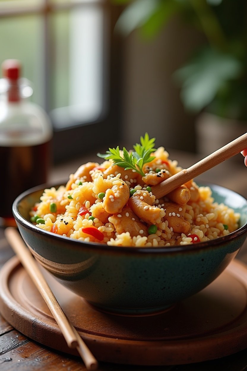 Bowl of chicken fried rice served with chopsticks, soy sauce bottle nearby, sesame seeds sprinkled on top, Asian-inspired table setting, warm lighting