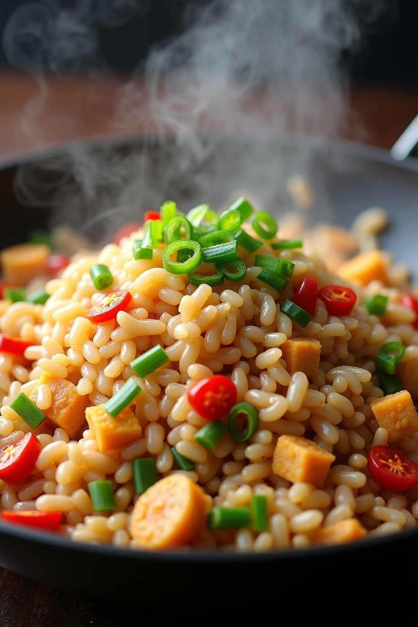 Steaming chicken fried rice in a wok, fluffy egg pieces mixed with colorful vegetables and chicken, green onion garnish, smoky wok atmosphere, overhead food photography