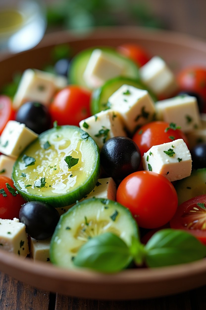 Close-up of Greek salad showing feta cubes, olives, cucumber slices and tomatoes glistening with vinaigrette, fresh herbs