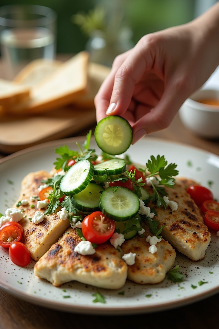 Greek cucumber salad being served alongside grilled chicken and pita bread, Mediterranean dinner setting, bright summer table
