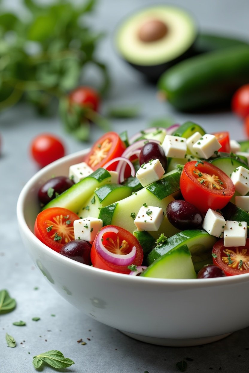 Fresh Greek cucumber salad in a white serving bowl, chunky cucumbers and cherry tomatoes with cubed feta cheese, kalamata olives, red onion, herbs, Mediterranean colors, bright food photography