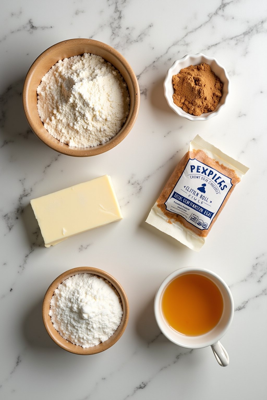 Flat lay of cinnamon roll ingredients on a marble countertop, bowl of flour, packet of yeast, brown sugar, ground cinnamon, stick of butter, cream cheese block, powdered sugar, eggs, warm milk, ove...