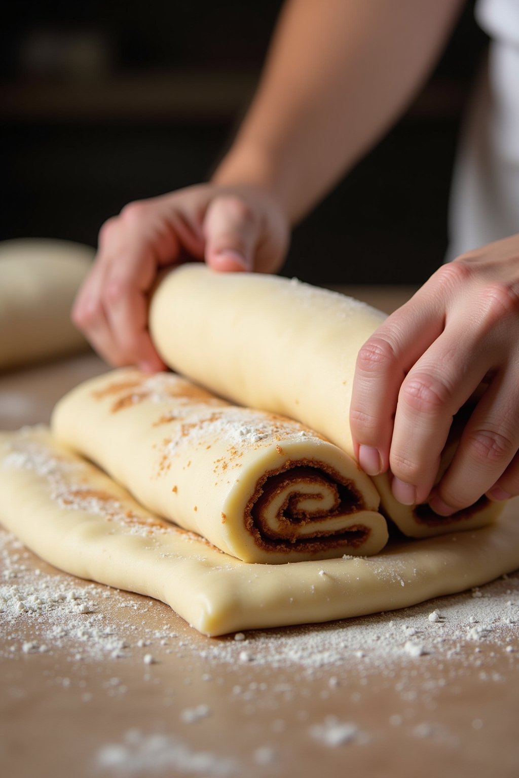 Action shot of rolling up cinnamon roll dough into a tight spiral, hands rolling the log with brown sugar and cinnamon filling visible, flour-dusted surface, kitchen scene, warm baking photography,...