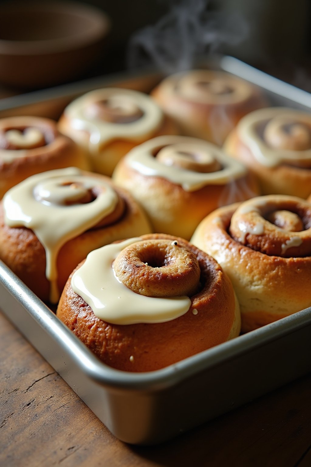 Tray of freshly baked homemade cinnamon rolls in a baking pan dripping with cream cheese frosting, golden brown swirled layers with cinnamon sugar filling visible, warm gooey frosting melting into ...