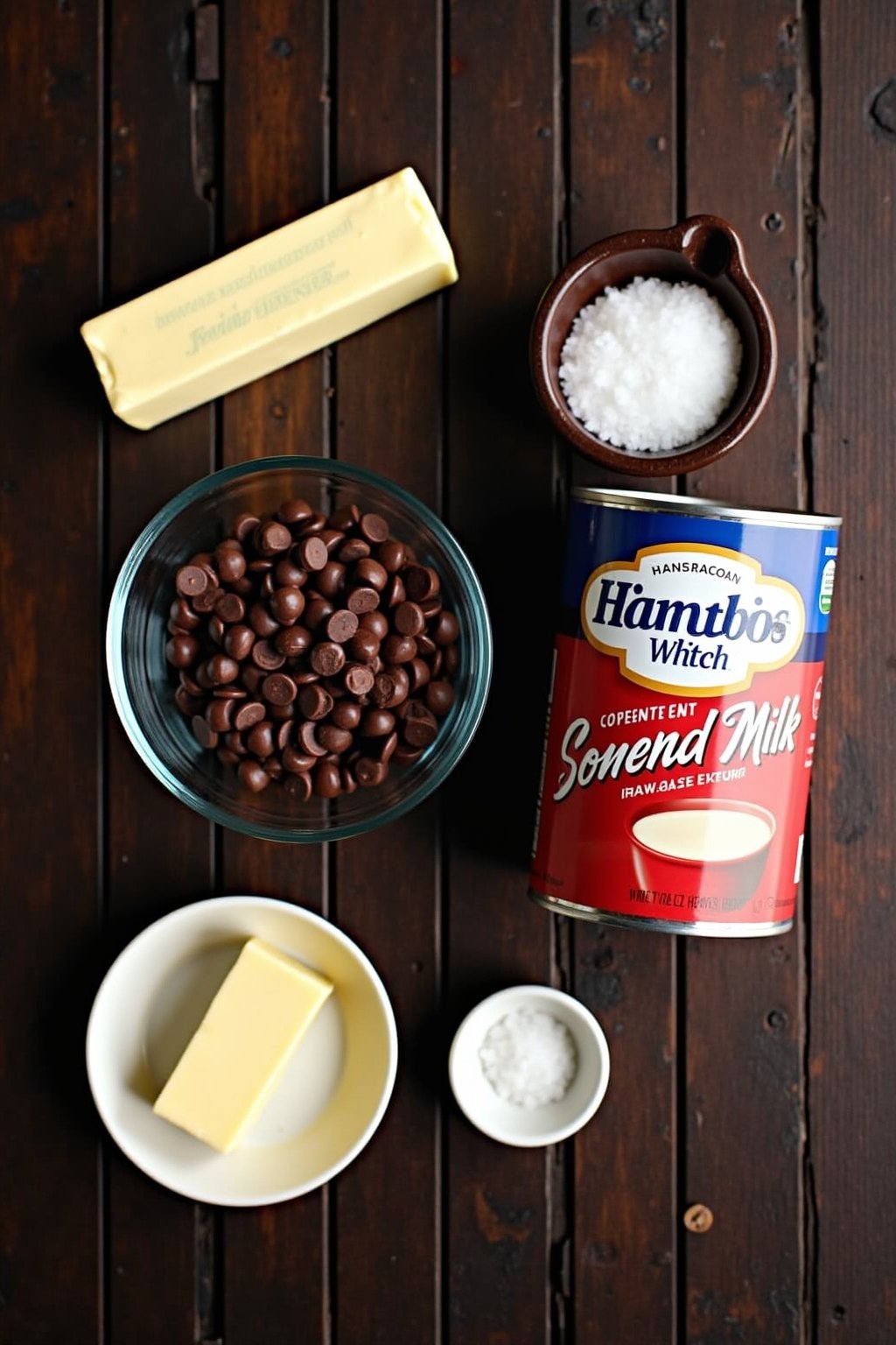 Flat lay of 3-ingredient fudge ingredients on a dark wooden surface, bag of chocolate chips in a glass bowl, can of sweetened condensed milk, stick of butter, vanilla extract, flaky sea salt in a s...