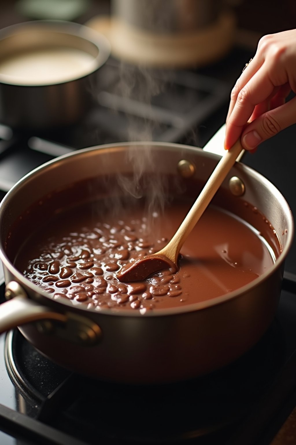 Action shot of stirring melted chocolate fudge in a saucepan on a stovetop, glossy smooth mixture being stirred with a wooden spoon, chocolate chips still partially melted, steam and warmth visible...