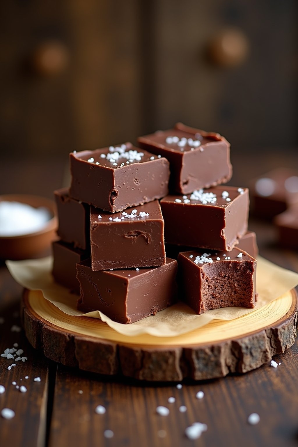Beautiful squares of homemade chocolate fudge stacked on a rustic wooden board, rich dark glossy chocolate with flaky sea salt on top, one piece bitten showing smooth creamy interior, parchment pap...