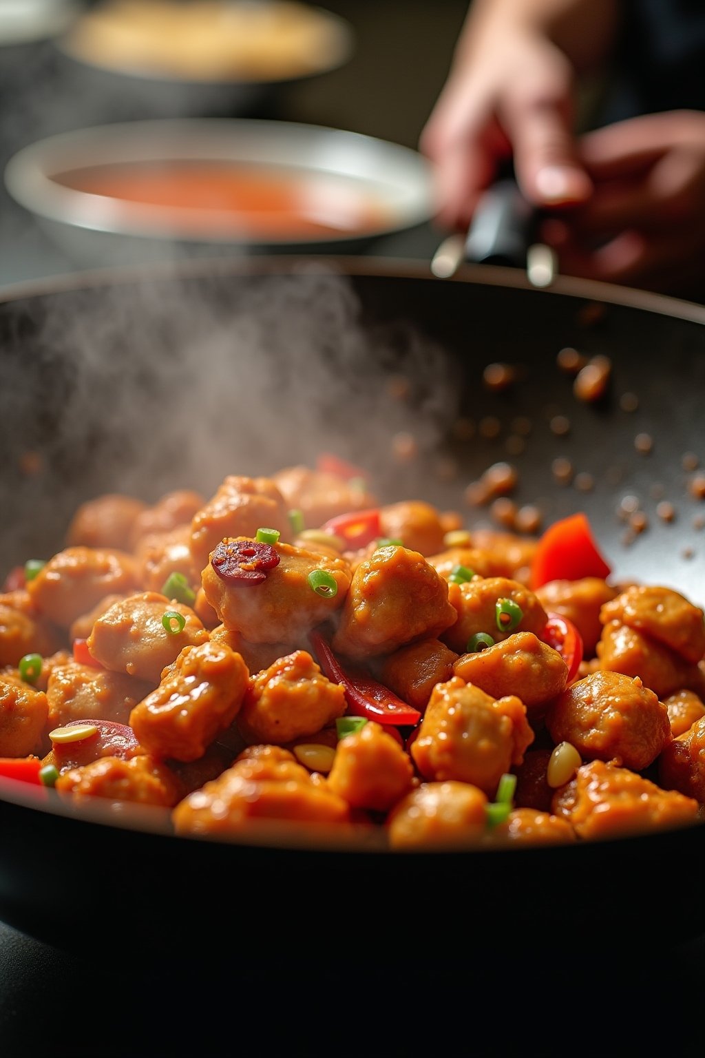 A close-up action shot of Kung Pao Chicken being stir-fried in a smoking hot wok, showing golden crispy chicken pieces being tossed with dried red chilis, peanuts, and diced red bell pepper, visibl...