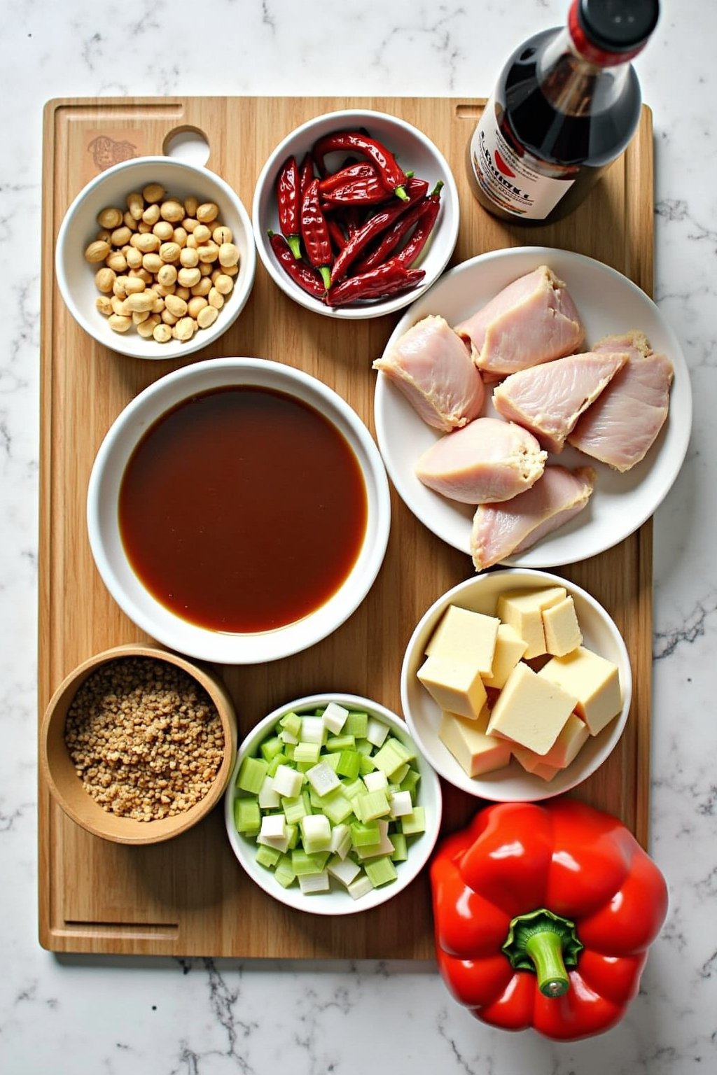 Ingredients for Kung Pao Chicken arranged in small prep bowls on a wooden cutting board: cubed raw chicken thighs coated in cornstarch, a bowl of dark glossy sauce, whole dried red chilis, roasted ...