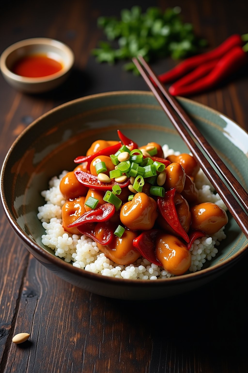 A vibrant bowl of Kung Pao Chicken served over steamed white rice in a deep ceramic bowl, featuring glossy sauce-coated chicken pieces with roasted peanuts, sliced green onions, diced red bell pepp...