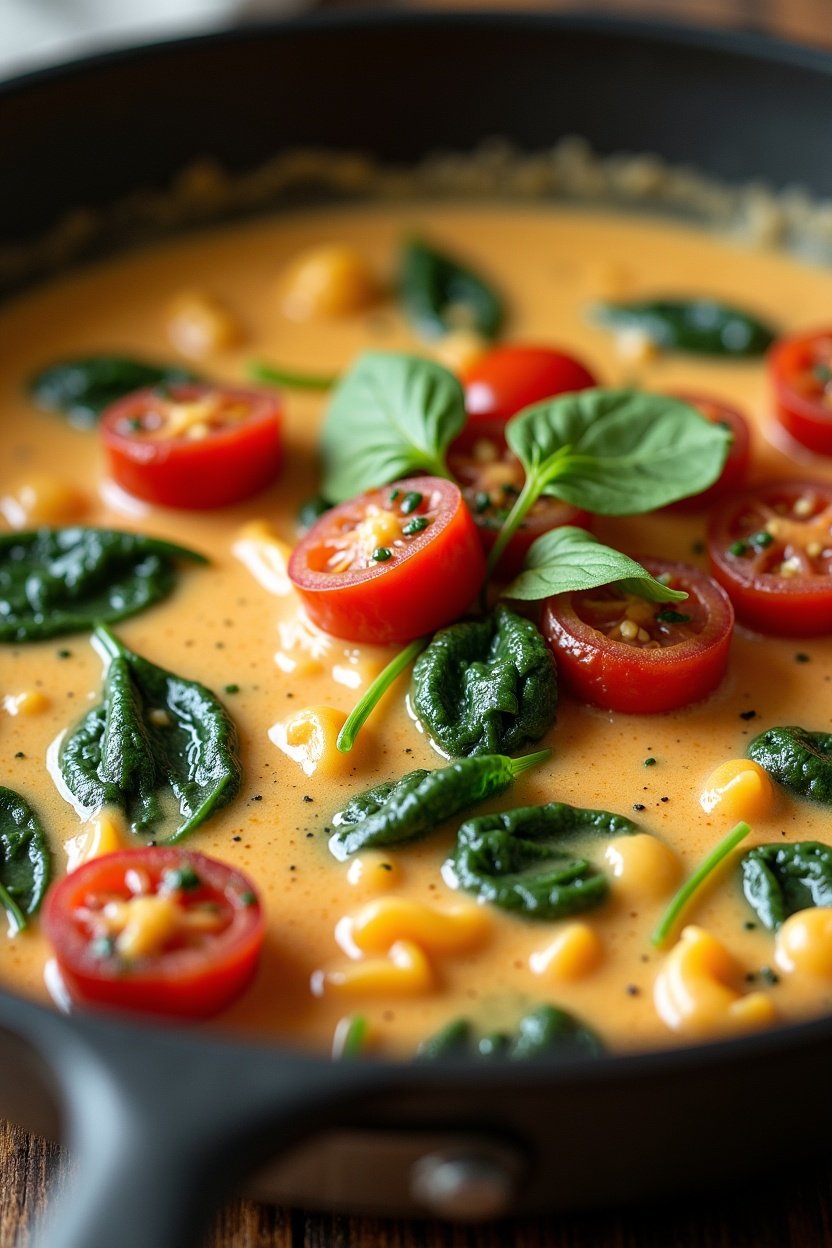 Close-up of creamy tuscan sauce with sun-dried tomatoes and fresh spinach swirled in parmesan cream sauce, bubbling in a skillet, warm golden tones, appetizing food photography