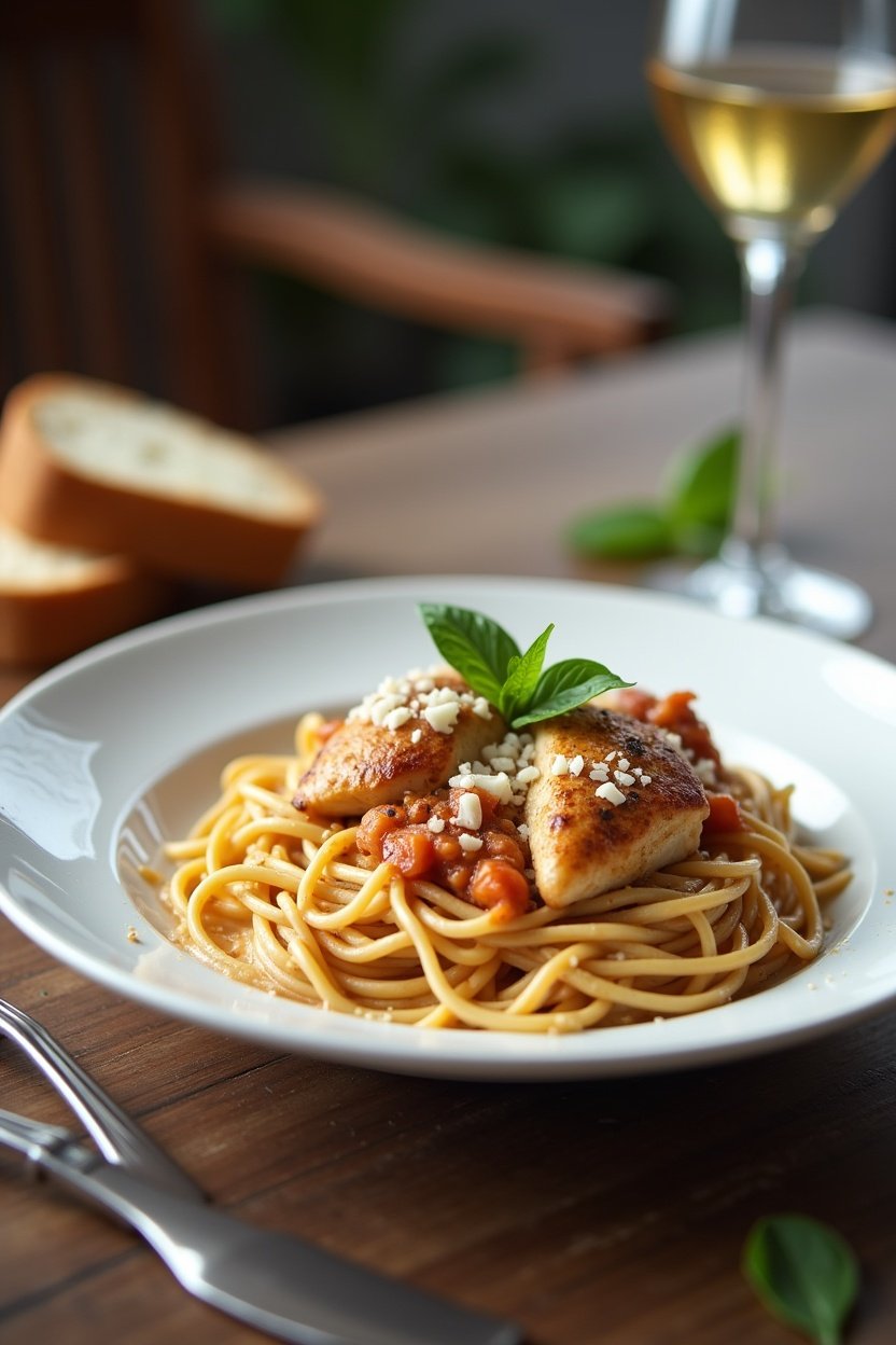 Plated creamy tuscan chicken served over pasta on a white ceramic plate, garnished with fresh basil and parmesan, crusty bread on the side, cozy dinner table setting