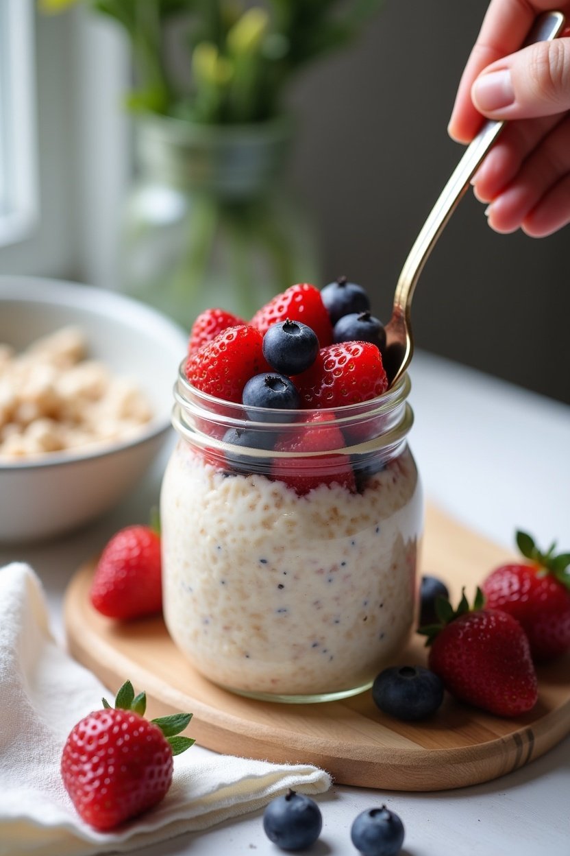 Spoon dipping into a jar of overnight oats topped with fresh berries, creamy oats texture visible, morning breakfast scene