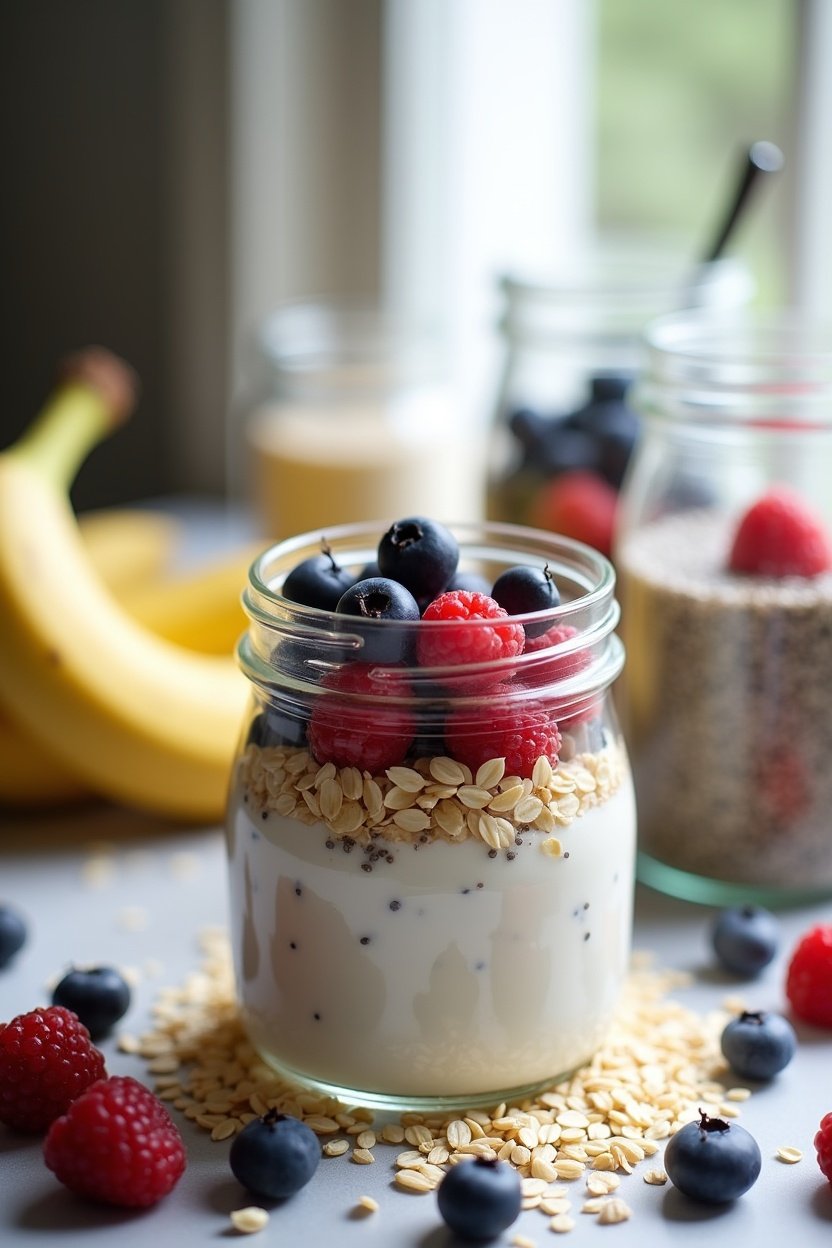Overnight oats being prepared, ingredients laid out including oats jar, yogurt, chia seeds, berries, banana, mason jars, meal prep scene