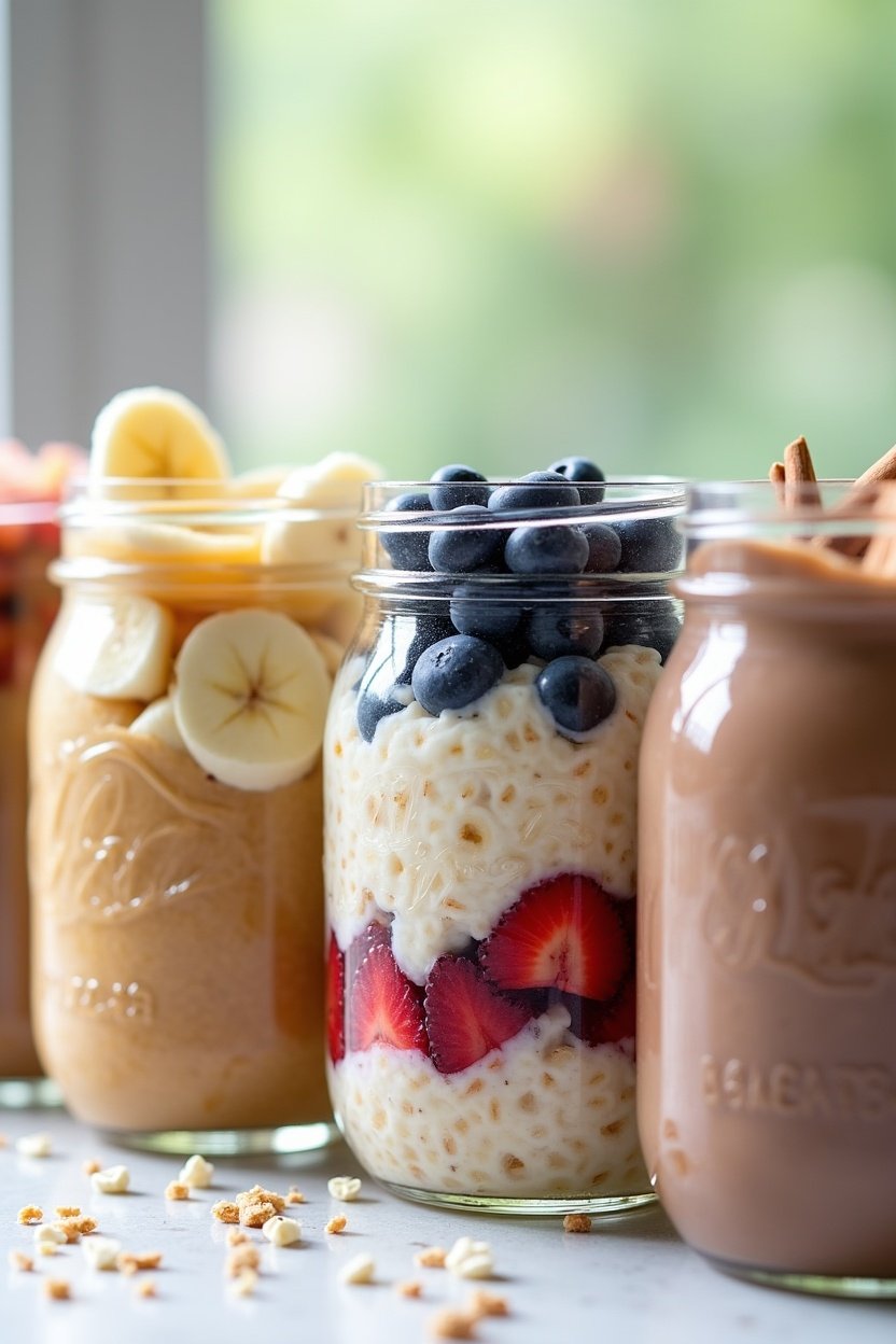 Four mason jars of overnight oats in different flavors lined up, peanut butter banana with banana slices, berry with blueberries, apple cinnamon, and chocolate, colorful toppings visible, bright br...
