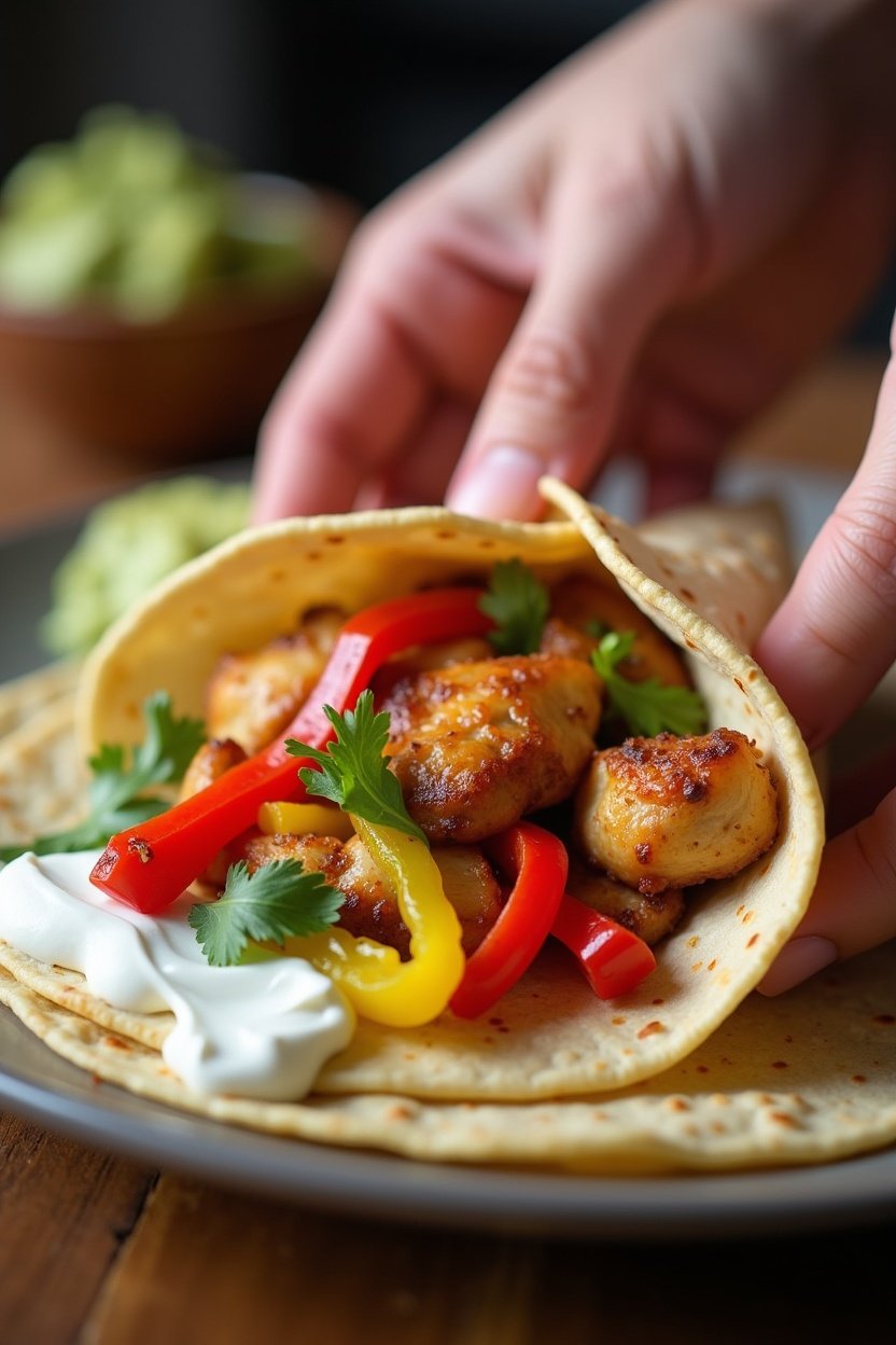 Chicken fajita being assembled in a warm flour tortilla, colorful peppers and chicken strips, sour cream and guacamole on the side, hands building a taco