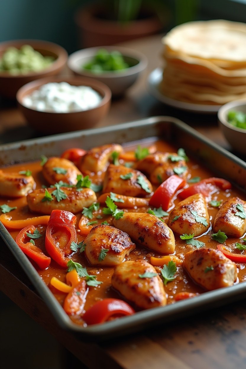 Fajita dinner spread on a table, sheet pan with chicken and peppers, stack of warm tortillas, bowls of toppings including guacamole salsa sour cream cheese, festive dinner setting