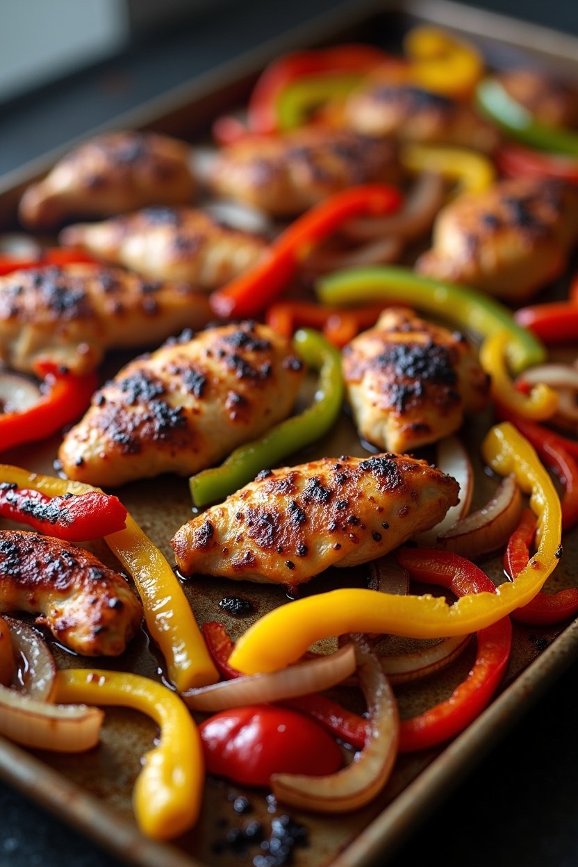 Colorful sheet pan chicken fajitas on a baking tray, charred strips of chicken with red yellow green bell peppers and onions, smoky and sizzling, warm lighting, overhead food photography