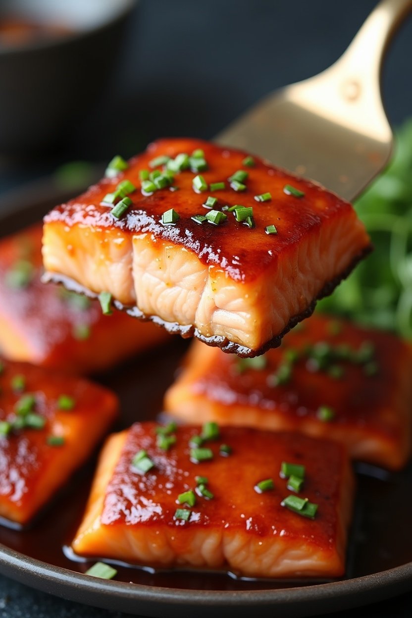 Close-up of teriyaki glazed salmon fillet being lifted with a spatula, caramelized sticky sauce visible, flaky fish texture