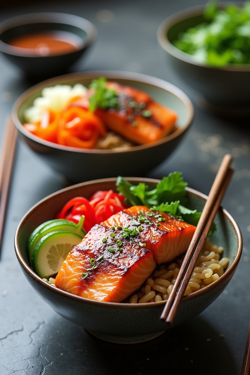 Two teriyaki salmon bowls side by side on a table, colorful toppings arranged neatly, chopsticks, small bowl of extra teriyaki sauce, Asian-inspired table setting