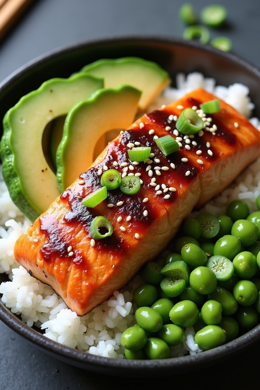 Beautiful teriyaki salmon bowl from above, glazed salmon fillet on white rice with avocado slices, cucumber, edamame, green onions and sesame seeds, vibrant colors