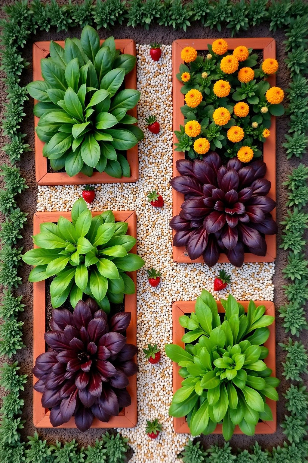 Overhead view of a beautifully designed edible garden bed with geometric sections containing purple basil, green and red lettuce varieties, bright orange calendula flowers, strawberry plants with r...