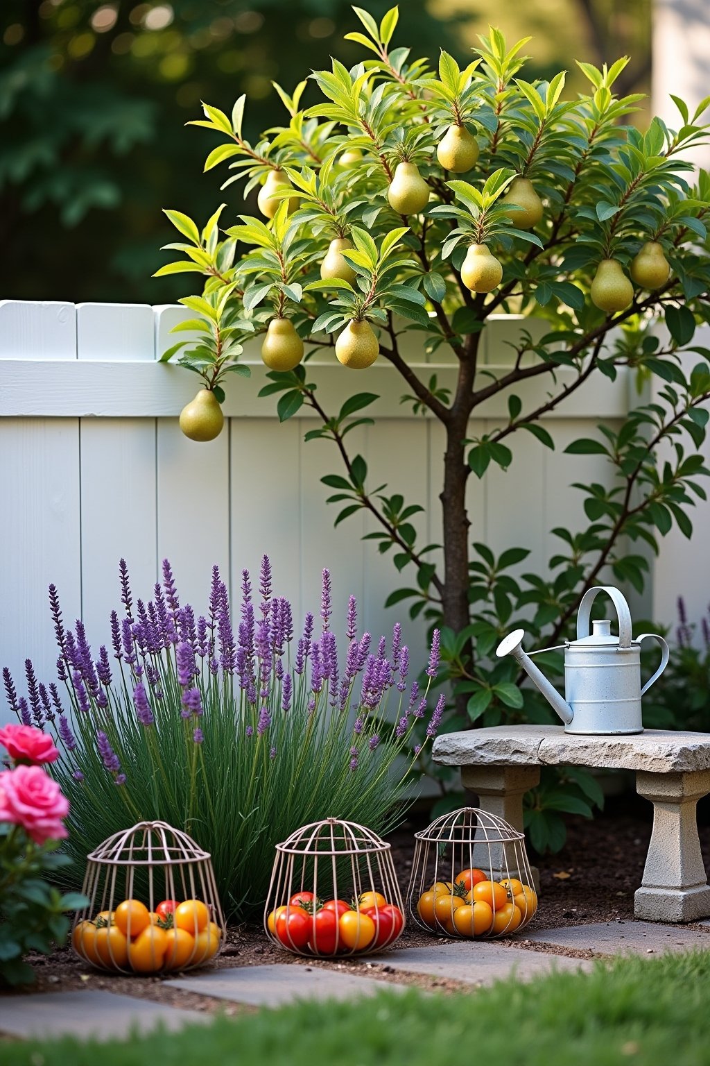 A charming front yard garden vignette with an espaliered pear tree against a white fence bearing green pears, lavender hedge in full purple bloom, yellow and red cherry tomatoes in decorative wire ...