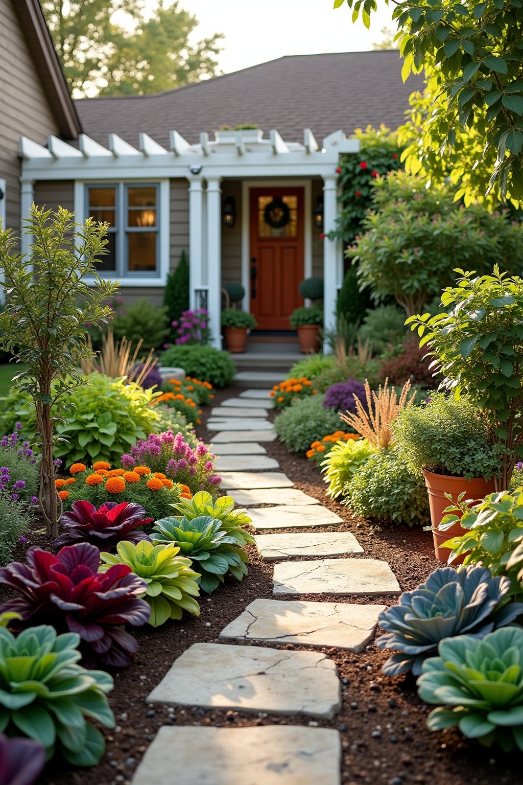 A stunning front yard edible landscape with a stone pathway winding through colorful mixed plantings of rainbow Swiss chard, purple cabbage, red lettuce, blooming rosemary hedges, dwarf apple tree ...